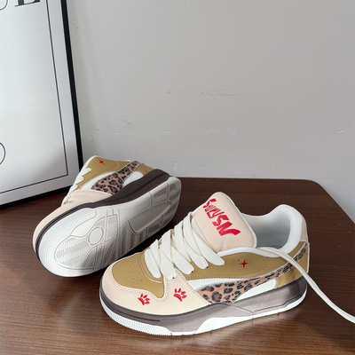 新款豹纹原创小众厚底面包鞋