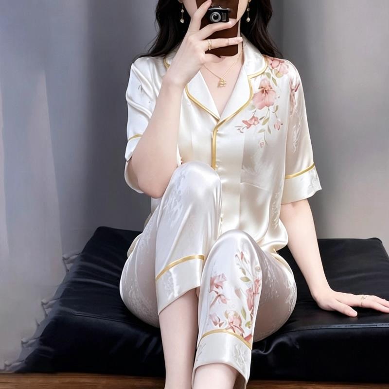 冰丝春夏女甜美印花睡衣套装
