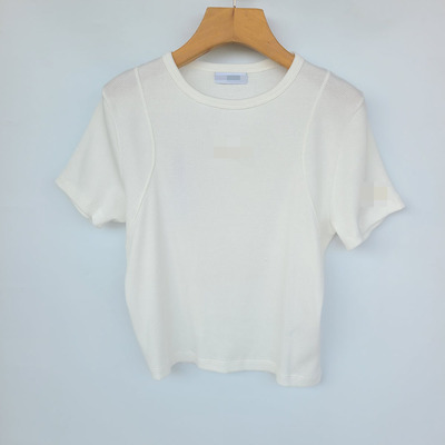 5478鱼 夏新！纯棉螺纹圆领T恤衫 字母刺绣短袖上衣 肩部修饰