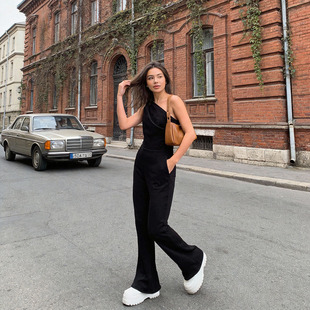 抹胸小黑裤 5330法式 轻奢SD 单肩挂脖连体裤 优雅名媛风喇叭长裤