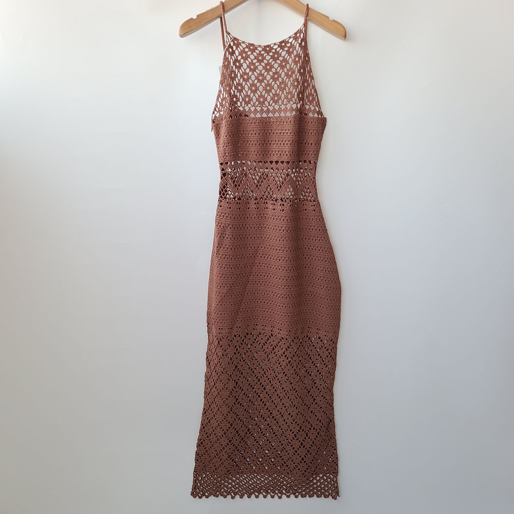 5255法式轻奢CP 蕾丝法针织吊带连衣裙 度假无袖长裙镂空法式裙子