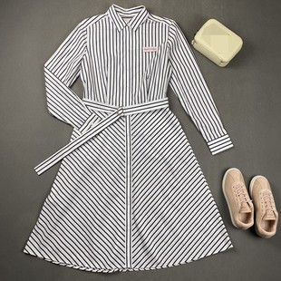 3539鱼 泰国制造 条纹大裙摆衬衣连衣裙 通勤职场收腰连身裙 腰封