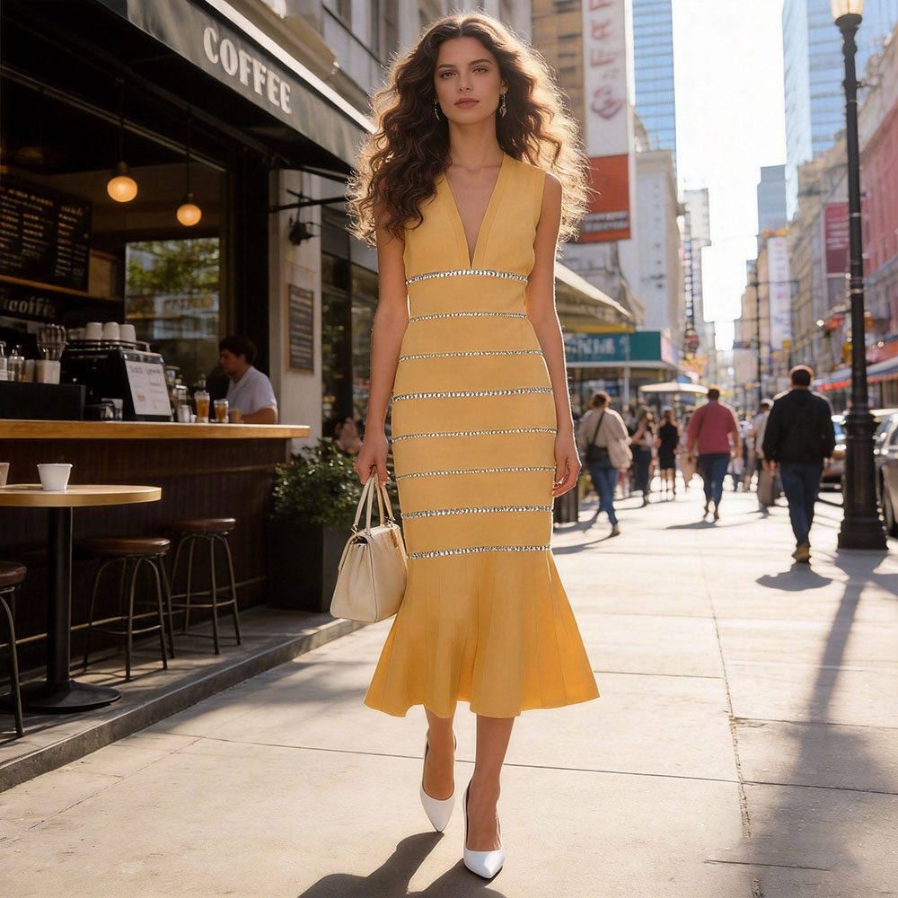 5208法式轻奢SD 重工！满身钻石撞色宴会无袖长裙 优雅背心连衣裙