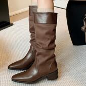 显腿瘦尖头褶皱堆堆靴女2025秋冬新款 骑士靴复古粗跟中跟长筒靴子