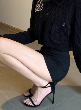 高跟鞋女2025年夏季新款sw黑色一字带细跟性感小众仙女风网红凉鞋