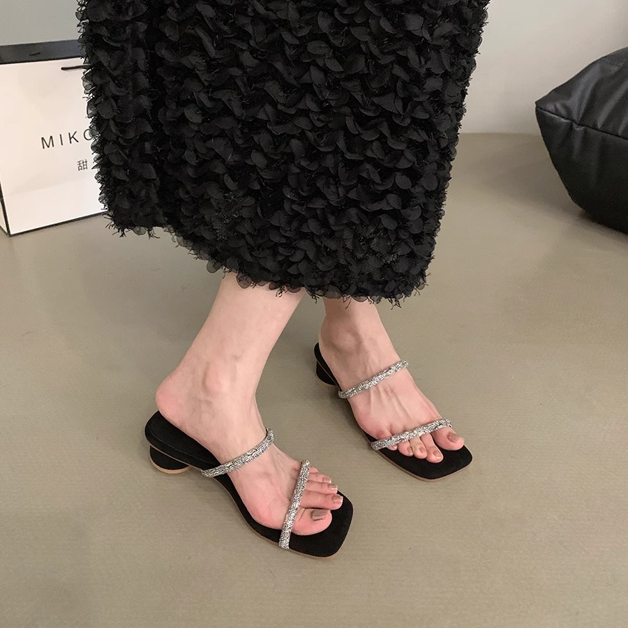 粗跟复古水钻百搭凉拖2024夏新款