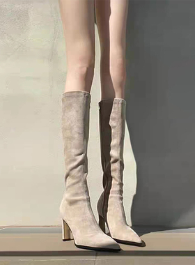高跟长筒靴女2025年尖头显瘦长靴绒面弹力瘦瘦靴粗跟不过膝骑士靴