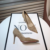 卡其色高跟鞋 通勤工作鞋 女2025新款 细跟气质名媛绒面浅口尖头单鞋