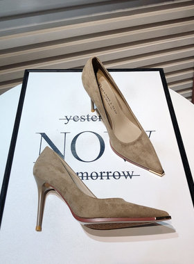 卡其色高跟鞋女2025新款细跟气质名媛绒面浅口尖头单鞋通勤工作鞋