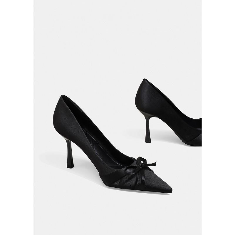 粗跟蝴蝶结尖头高跟鞋女2025新款