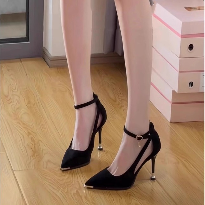 细跟镂空一字带尖头高跟鞋新款女