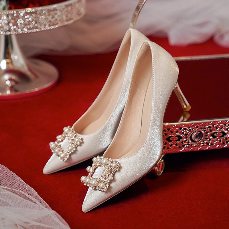 婚鞋女2025年春夏新款法式高跟鞋结婚细跟百搭香槟色新娘鞋婚纱鞋,女鞋,浅口单鞋,淘宝优惠券,粉丝福利购,淘宝优惠卷