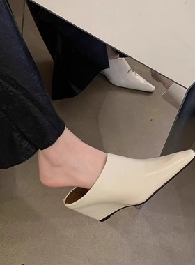 法式包头半拖鞋女夏季外穿软皮方头坡跟高跟时尚懒人穆勒凉拖鞋子