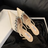 纯手工制作水钻拼花包头细跟一字带超高跟优雅性感凉拖鞋 瘦脚女鞋