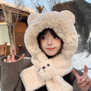 帽子围巾一体女士2025新款冬季小熊耳朵保暖防风加绒加厚毛绒围脖