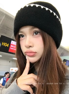 double i i 韩版简约学院风拼接撞色针织帽女秋冬保暖毛线帽子