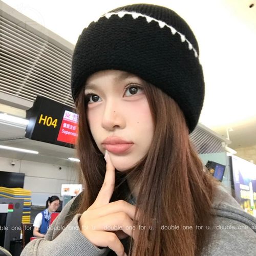 double i i 韩版简约学院风拼接撞色针织帽女秋冬保暖毛线帽子