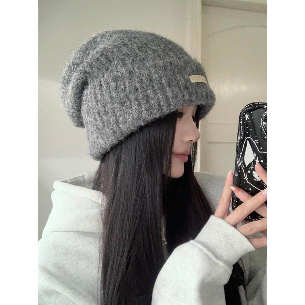 含羊毛针织毛线帽女秋冬季日系大头围显脸小保暖堆堆帽灰色帽子潮
