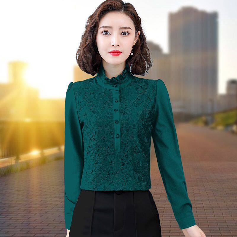 立领蕾丝雪纺打底衫女长袖上