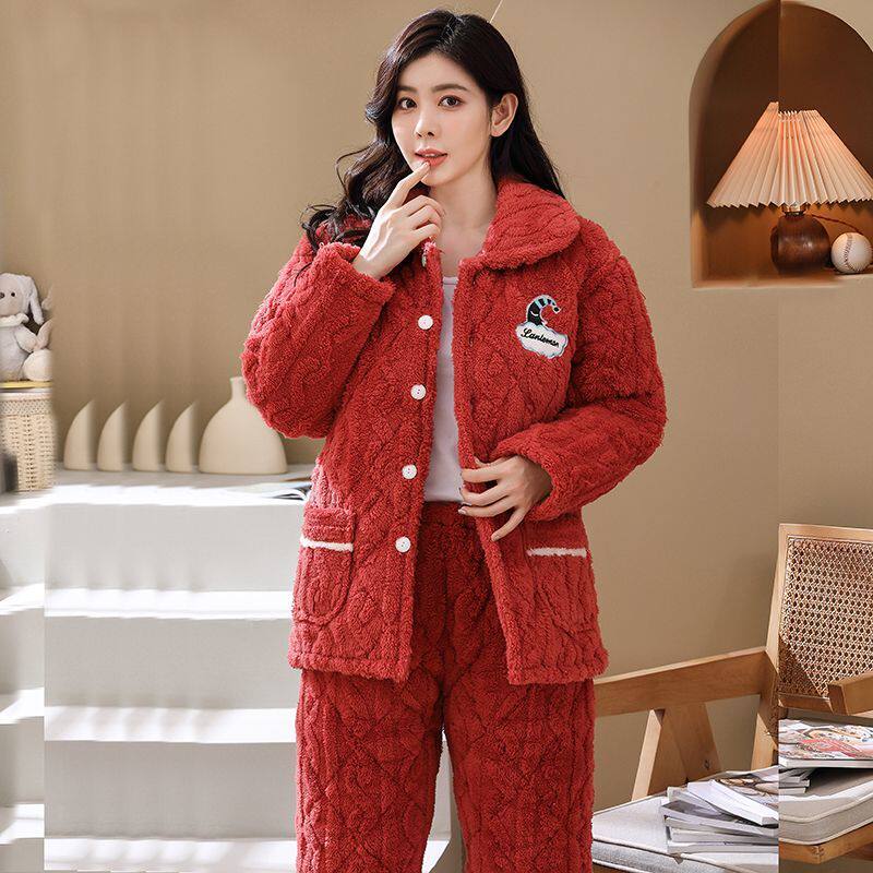 睡衣女法兰绒夹棉家居服