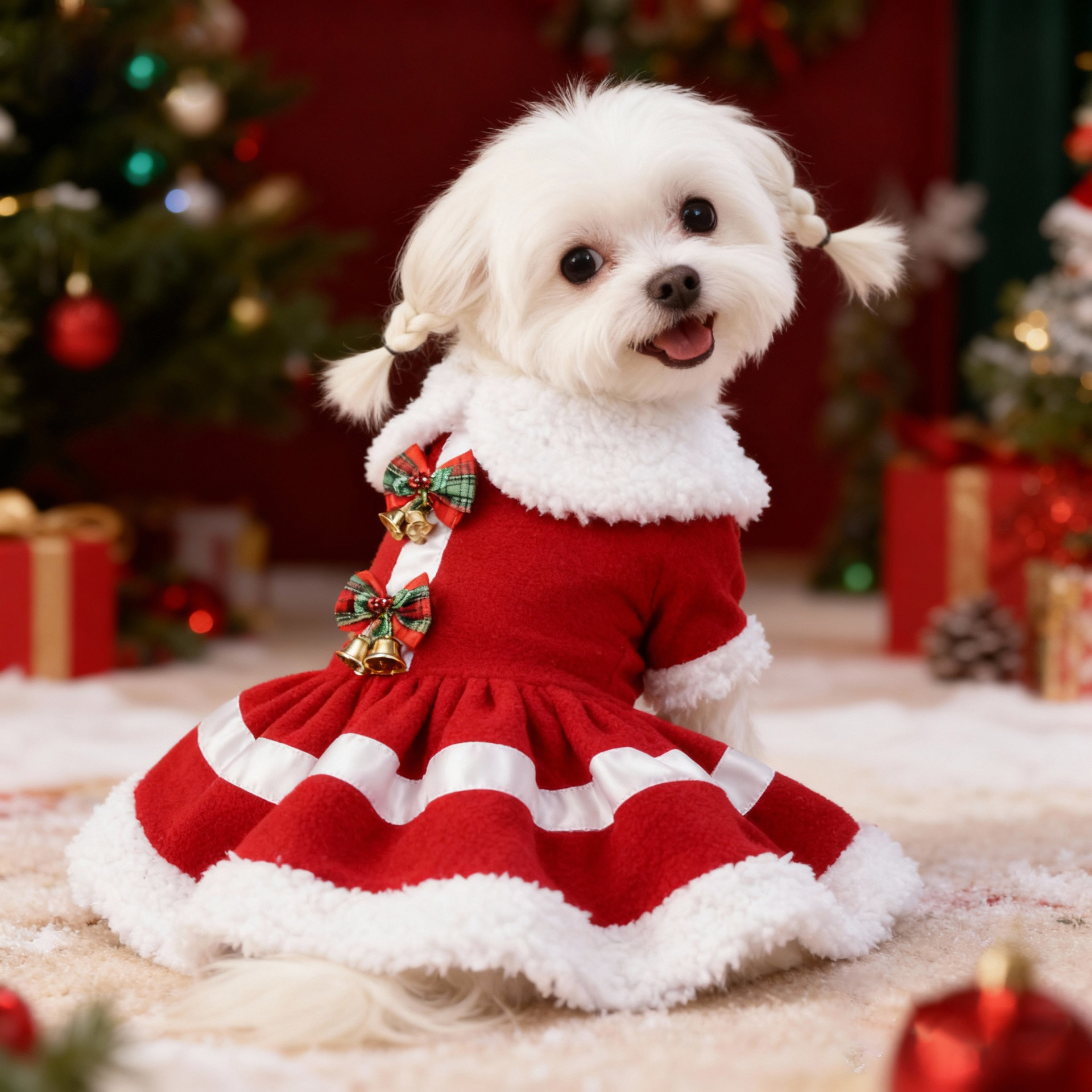 圣诞节宠物服饰 圣诞老人款红色铃铛加厚娃娃领连衣裙