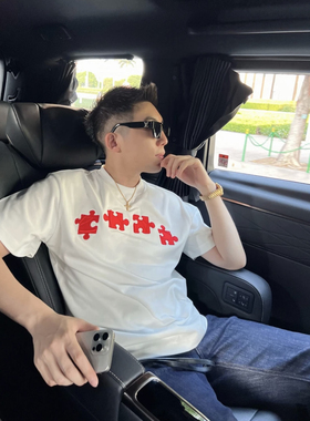 25ss重磅休闲短袖男韩版宽松拼图印花t恤超火百搭痞帅高街潮