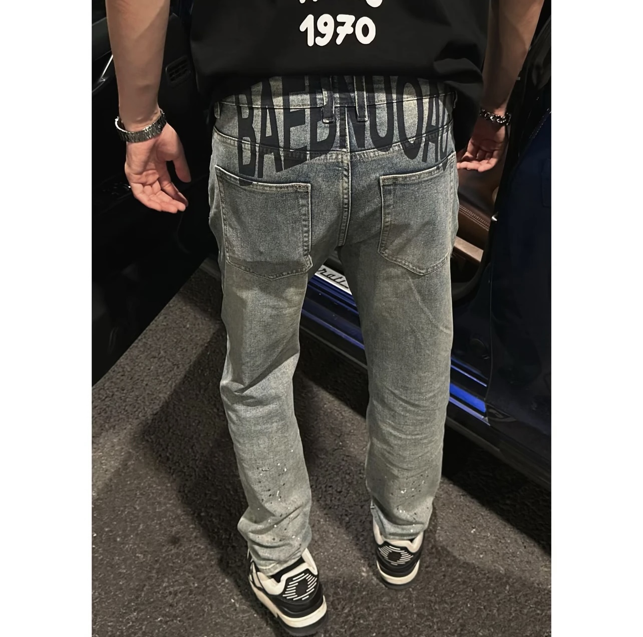 怀旧复古 洗水做旧高街时尚泼墨点缀直筒弹力薄款休闲牛仔裤