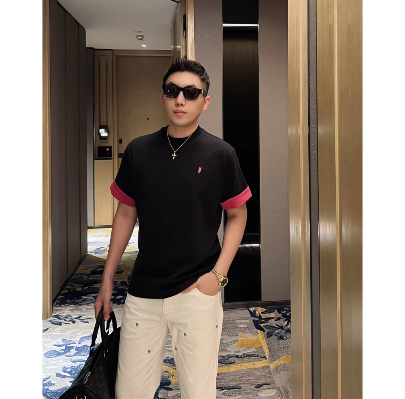 翻边撞色25春夏AB双面简约时尚情侣短袖T恤轻奢男士百搭半袖