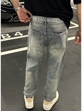 SAM潮男单品夏季薄款休闲直筒水洗蓝重工磨破刺绣字母牛仔裤