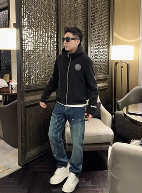 【梵文外套】冬季摇粒绒厚款拼接纹连帽刺绣男装外套夹克洋气上衣