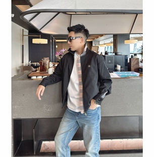 外套上衣26002 翻领夹克高级感男装 格纹夹克26春季 定制顺滑短款