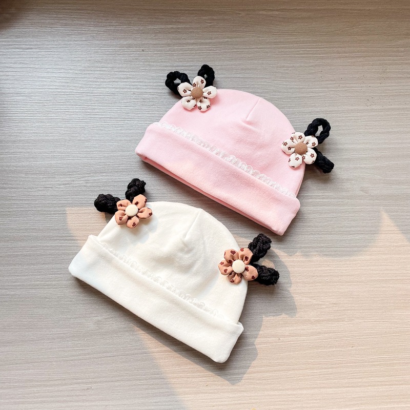 纯棉女宝宝假发辫子胎帽