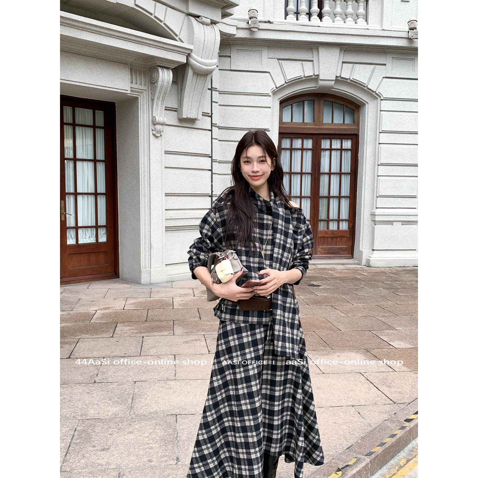 44AaSi 气质姐姐 羊毛设计感套装格纹衬衫毛呢半身裙套装（配腰带