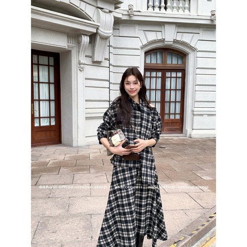 44AaSi 气质姐姐 羊毛设计感套装格纹衬衫毛呢半身裙套装（配腰带