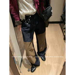 秋冬长裤 44AaSi 麂皮撞色复古设计感直筒显瘦拼接牛仔裤
