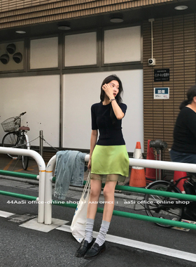 44AaSi 流光琥珀 绿色醋酸拼接欧根纱设计感半身休闲时髦短裙