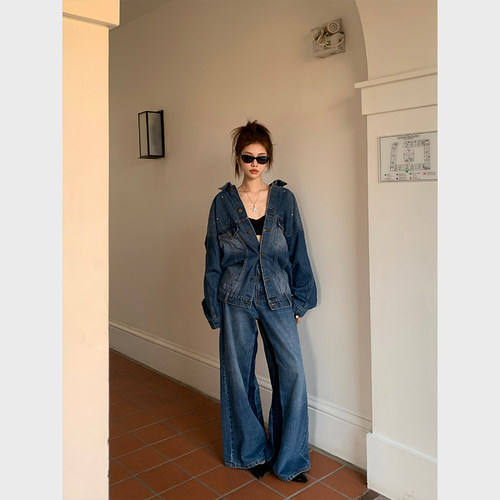 44AaSi  开春伴侣 版型巨好套装  小众泼墨设计感牛仔