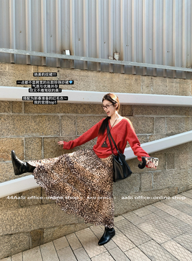 44AaSi 海棠红 过年bi备v领毛衣套头宽松百搭针织衫秋冬红色上衣