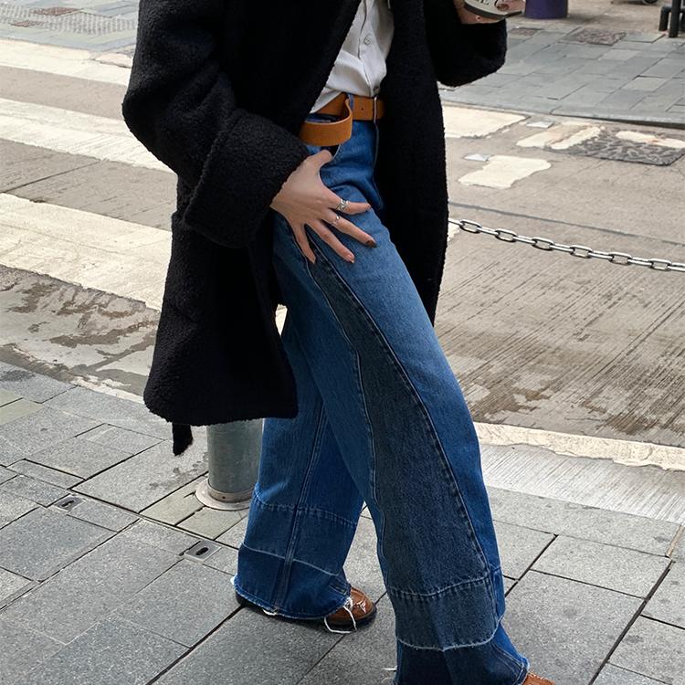 44AaSi 比利时艺术生 不用ps 拼接丝边牛仔裤水洗复古阔腿裤