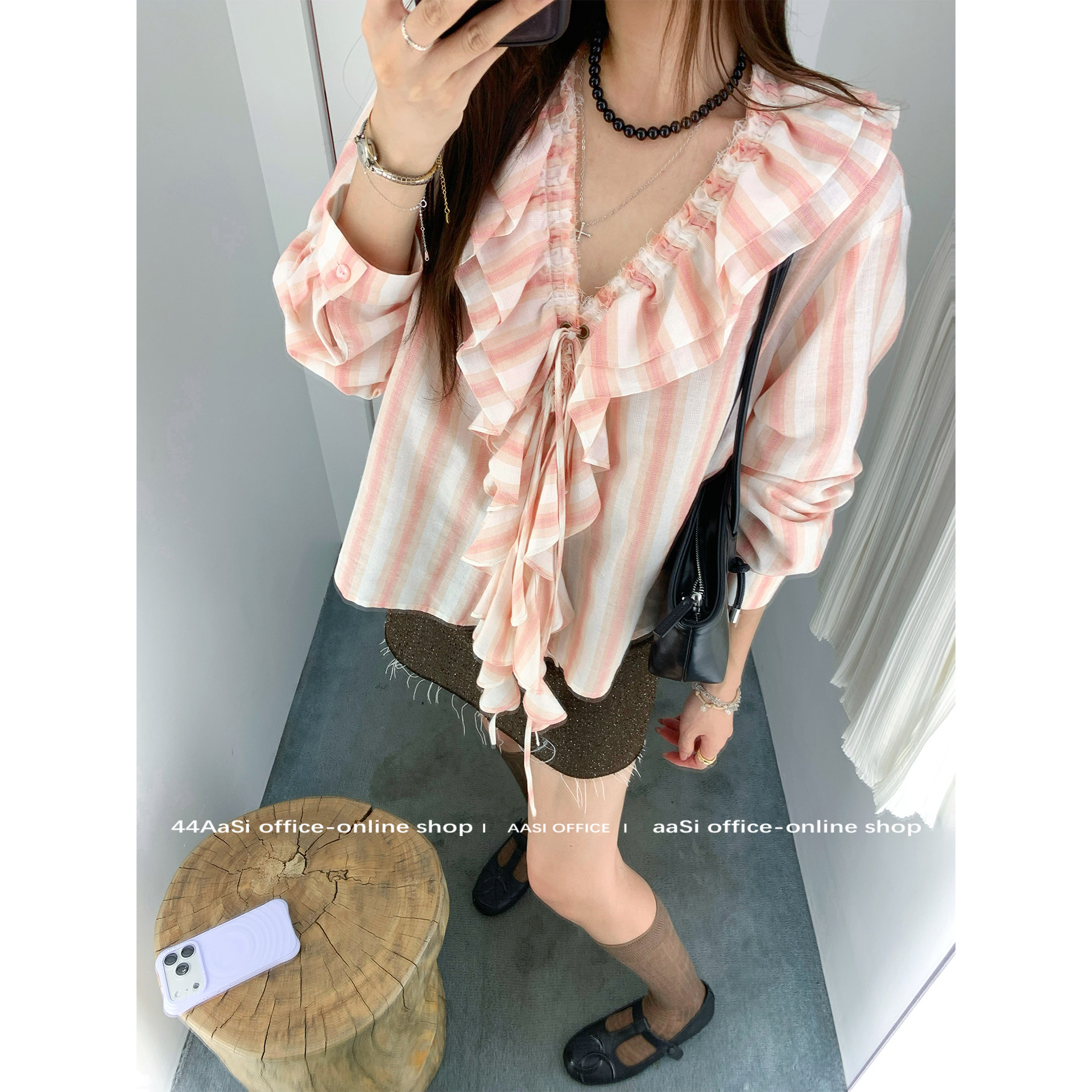 44AaSi 塞纳蔷薇 粉色条纹荷叶边慵懒V领衬衫女春夏宽松上衣,女装/女士精品,衬衫,淘宝优惠券,粉丝福利购,淘宝优惠卷