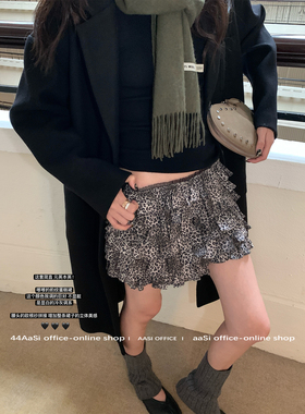 44AaSi 小嗲精 古早麂皮豹纹蓬蓬蛋糕荷叶边复古半身短裙