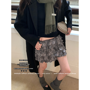 44AaSi 古早麂皮豹纹蓬蓬蛋糕荷叶边复古半身短裙 小嗲精