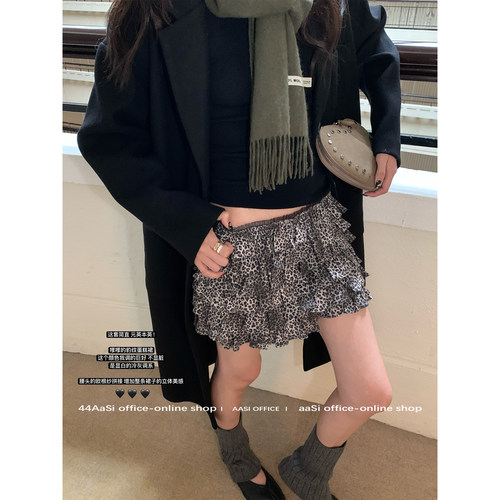 44AaSi 小嗲精 古早麂皮豹纹蓬蓬蛋糕荷叶边复古半身短裙