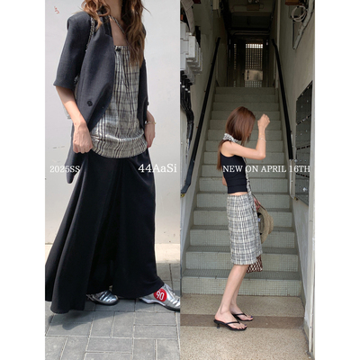 44AaSi 一衣两穿  韩系肌理感条纹抽绳抹胸半裙（含挂脖 肩带）