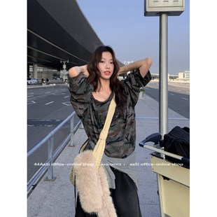 水洗宽松休闲套头长袖 迷彩漏肩复古美式 打底t 反叛酷girl 44AaSi