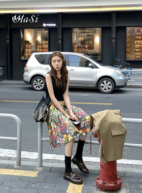 44AaSi  油画繁花 超出片韩系春夏百褶复古短半裙