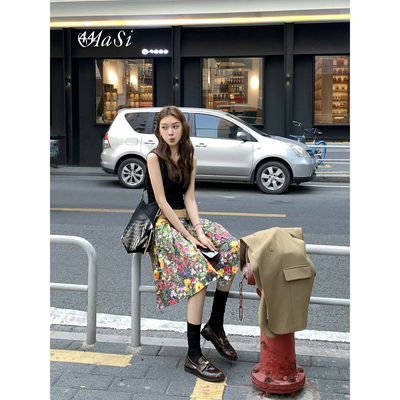 44AaSi  油画繁花 超出片韩系春夏百褶复古短半裙