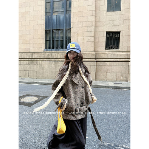 44AaSi 魁北克漫游 高品质羊驼绵羊毛重工时髦腰带大衣短款外套