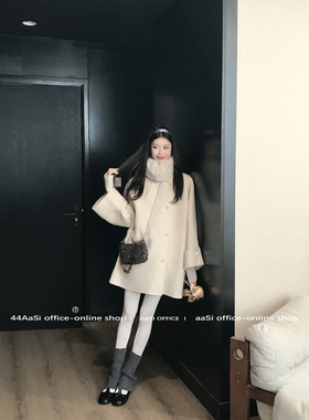 44AaSi 白茶南雪 100羊毛双面呢配毛领秋冬温柔百搭中长款大衣