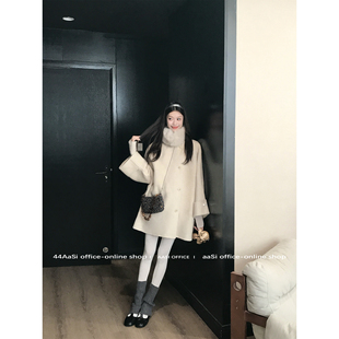 44AaSi 白茶南雪 100羊毛双面呢配毛领秋冬温柔百搭中长款大衣